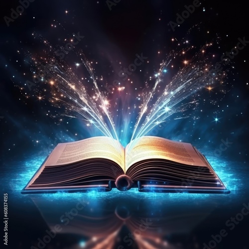 An illuminated book symbolizing literature and fairytales. (Illustration, Generative AI)
