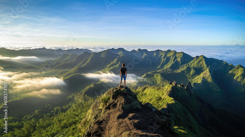 Silhouette of a hiker on Madeira Island (Portugal) mountain peak at sunrise dawn, above the clouds. Active life, travel, winter, trekking, nature concept, and volcanic crater. AI Generative photo