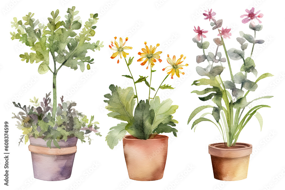 Watercolor of minimal Flowers Houseplant blooming isolated on clear png background, elements natural botanical, leaves, flowers and herbs, set of tree plant collection, with Generative Ai. Watercolor of minimal Flowers Houseplant blooming isolated on clear png background, elements natural botanical, leaves, flowers and herbs, set of tree plant collection, with Generative Ai.