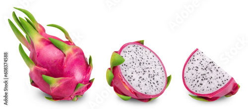 Pitaya isolated set. Collection of ripe dragon fruit or pitahaya, half and slice of the fruit on a white background.