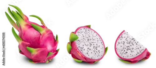 Obraz  z motywem Pitaya isolated set. Collection of ripe dragon fruit or pitahaya, half and slice of the fruit on a white background.