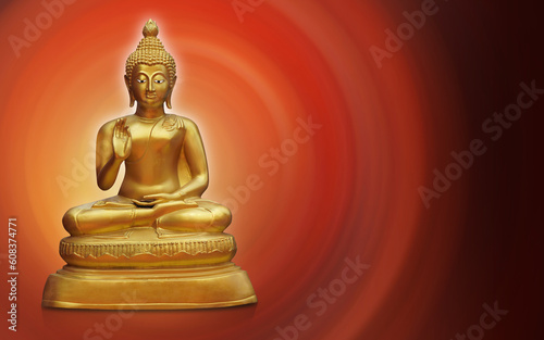 front view gold buddha statue on speed and motion yellow and red  background  religion  template  banner  copy space