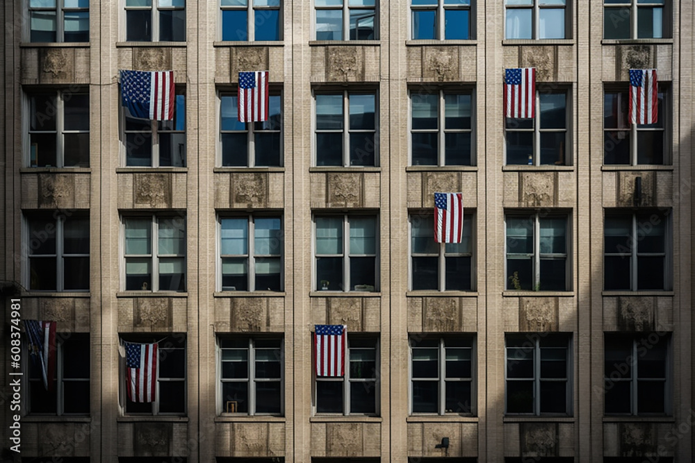 American flags hung in windows for 4th of July celebrations.  Generative AL
