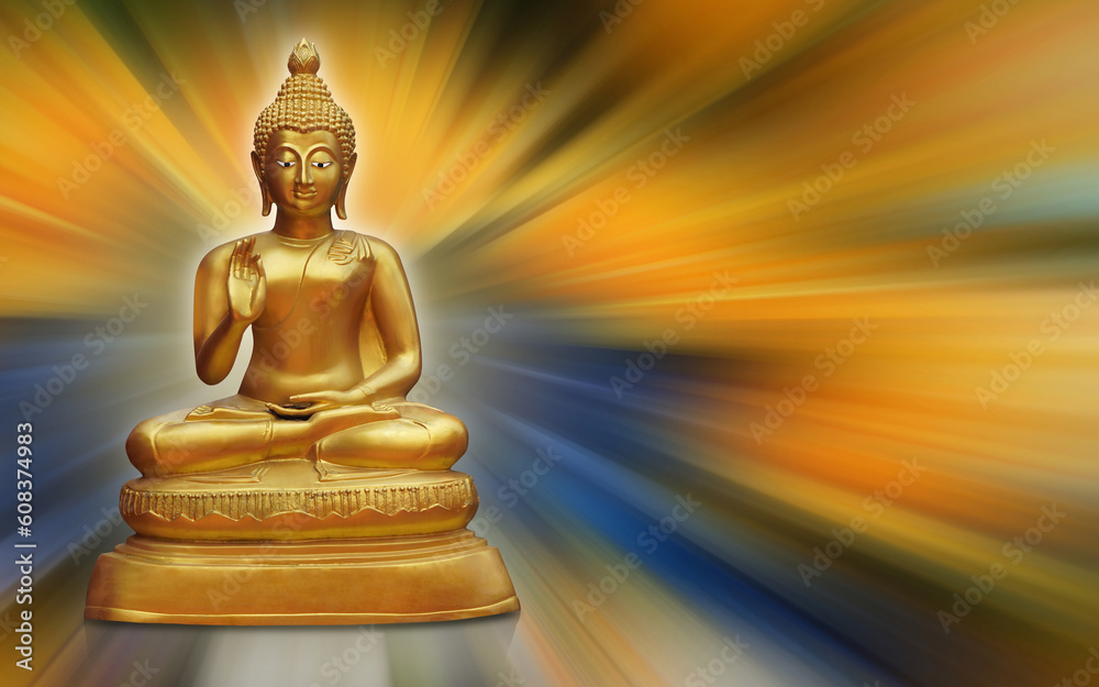 front view gold buddha statue on speed yellow and blue background, religion, template, banner, copy space front view gold buddha statue on speed yellow and blue background, religion, template, banner, copy space