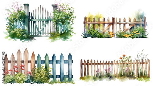 Fényképezés Watercolor of set of minimal  garden fence isolated on clear png background, brown wooden fences with bushes, flowers and plant, elements natural botanical leaves, with Generative Ai