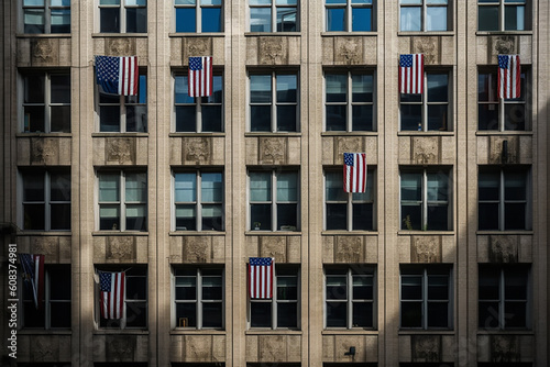 American flags hung in windows for 4th of July celebrations. Generative AL