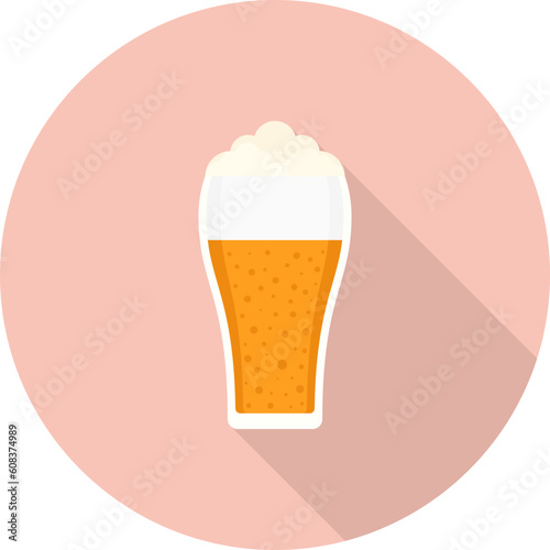 Glass of beer icon with long shadow on orange background, flat design style
