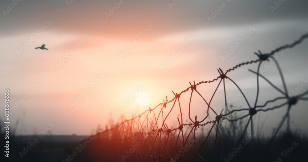 Barrier wire fence refugees Twilight sky, Generative AI
