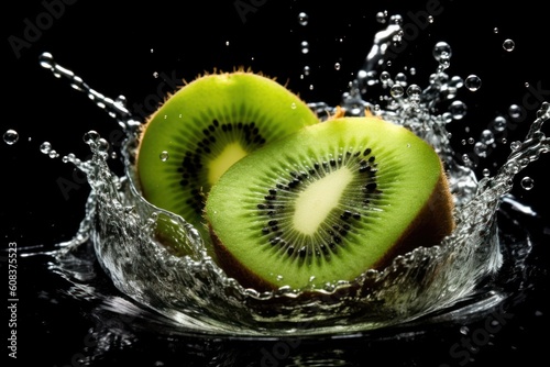 stock photo of water splash with sliced kiwi isolated Food Photography