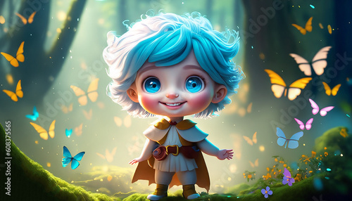 Kind cute hero with blue eyes with a smile in a magical smoky forest. Generative AI
