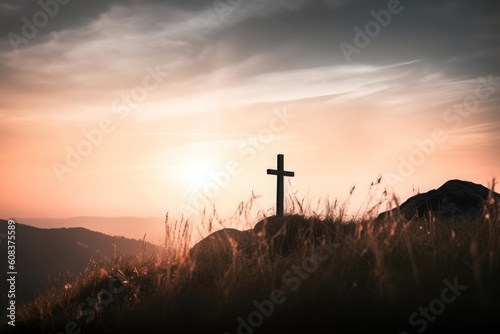 Easter concept: Silhouette cross on mountain at sunset background, Generative AI