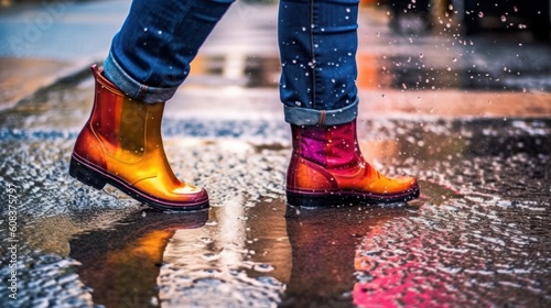 A pair of colorful rain boots splashing through puddles on a rainy day. AI generated