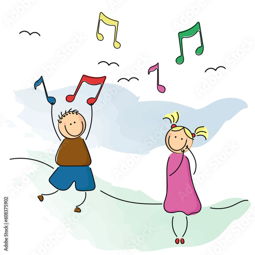 Vector illustration of children with musical notes. Children sing and play. Song-book.