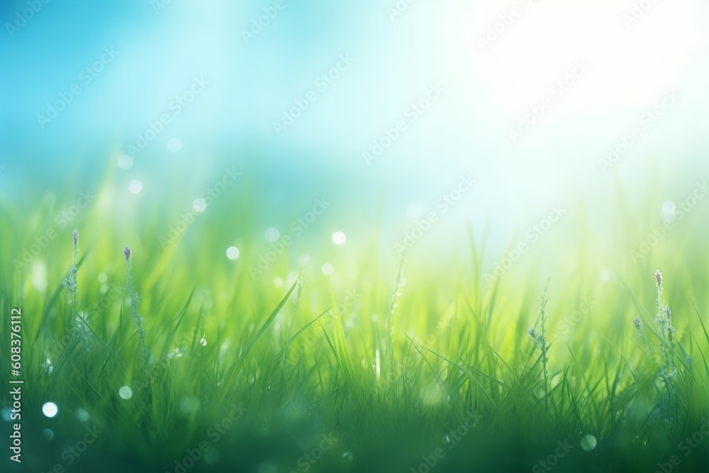 World environment day concept: green grass and blue sky abstract background with bokeh, Generative AI