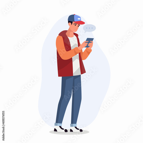 Young Man, Boy, Teen is Looking on Smartphone and Chatting. Happy Guy, Man in Blue Jacket Coat Talking, Typing on Phone. Full Body Flat Cartoon Character in Casual Clothes. Vector Illustration