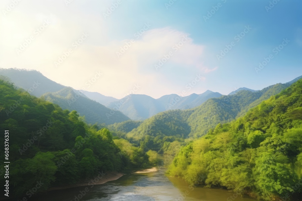 Earth day concept: Beautiful natural scenery of river in southeast Asia tropical green forest with mountains in background, Generative AI