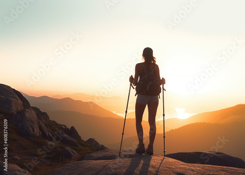 Mountain Explorer. Beautiful young woman wearing a backpack, shorts, and trekking poles looks to mountain sunset. Adventure Hiking and outdoor nature hot days exploration concept. AI generative