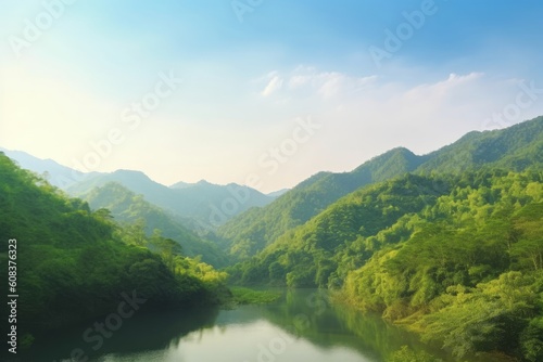 Earth day concept: Beautiful natural scenery of river in southeast Asia tropical green forest with mountains in background, Generative AI