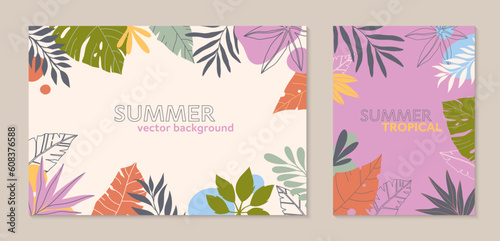Summer vector illustrations in trendy flat style with copy space for text.Abstract backgrounds with tropical leaves,plants.Tropical banners for social media,posters,prints.Cover design templates.