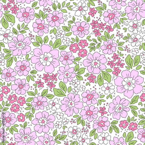 Vintage floral background. Floral pattern with small pink flowers on a white background. Seamless pattern for design and fashion prints. Liberty style. Stock vector illustration.