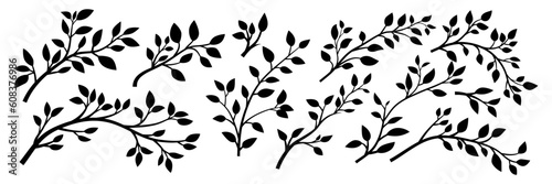 Tree Brunch Silhouettes Icon Set Isolated. Black and White Twig with Leaves Collection. Design Decorative Elements. Spring, Summer Leaves, Brunches, Plants, Leaves, Herbs. Vector Illustration photo