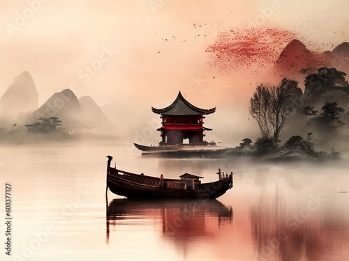 Chinese landscape with mountain, river, trees, pagoda. Watercolor and ink illustration of nature, sumi-e or u-sin traditional painting. AI generated © Mystery