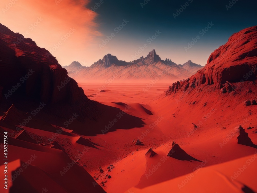 Red surface fantasy planet with mountains and dessert. AI generated