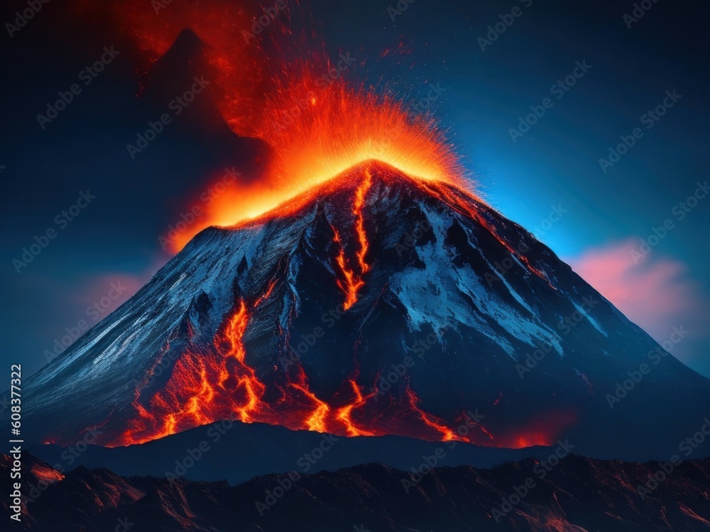 Burning volcano with lava on dark background. AI generated