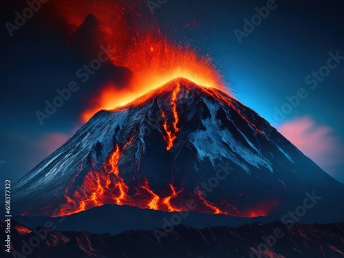 Burning volcano with lava on dark background. AI generated
