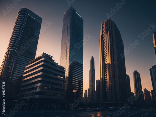 Skyscrapers in the city at sunset. AI generated