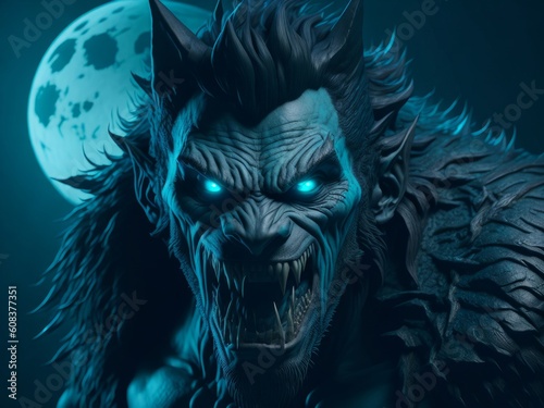 Scary werewolf with open mouth and big teeth on dark background. Halloween monster. AI generated