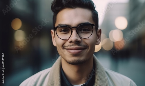 Close up portrait of hispanic young entrepreneur smiling and looking at camera at workspace, generative AI