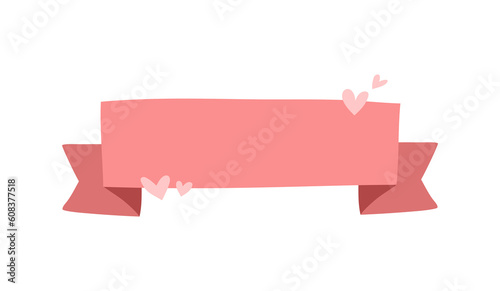 Red ribbon banner icon with hearts love, Web design element. Hand drawn valentine vector illustration. Place for your text for wedding, greeting card and holidays copy space
