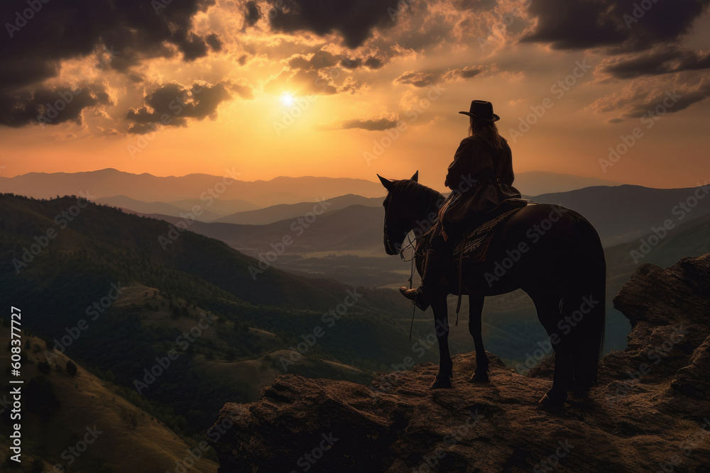 silhouette of rider and horse in the mountains at sunset