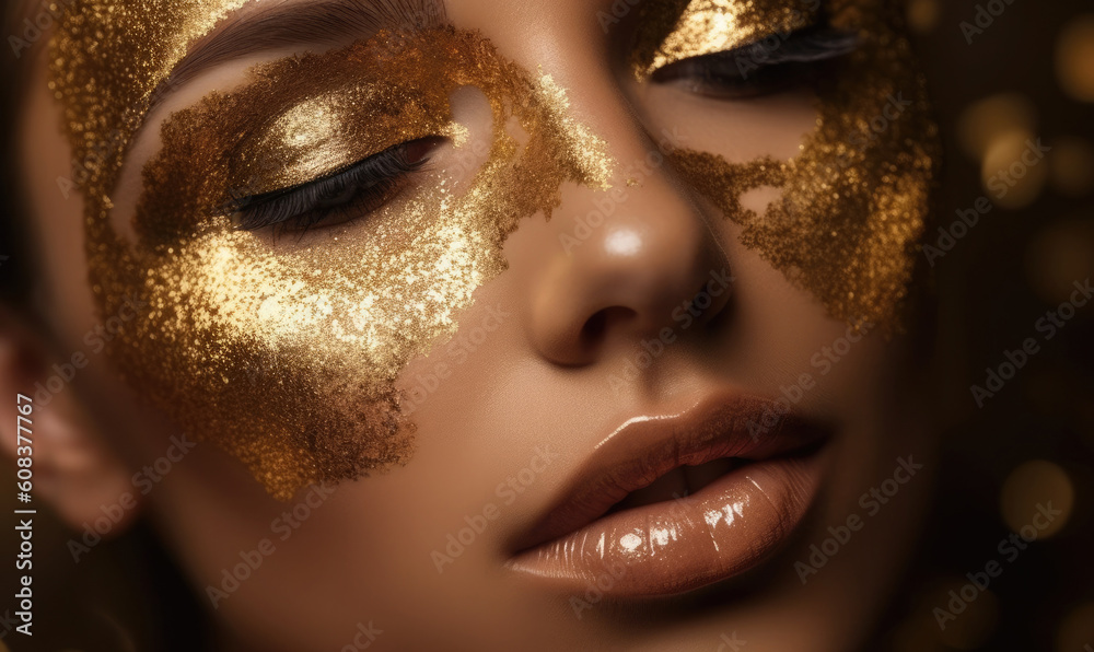 Art Gold skin girl face portrait closeup, Lady with holiday Glamour shiny professional makeup on black, generative AI - obrazy, fototapety, plakaty 