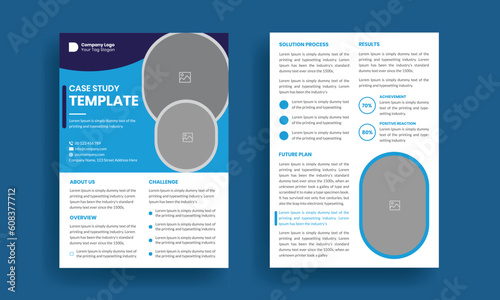 Case study template. Business case study booklet with creative layout. Double side flyer design