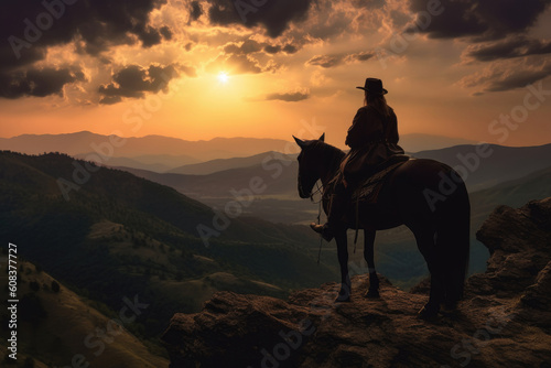 silhouette of rider and horse in the mountains at sunset © O-Foto