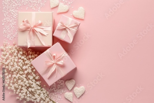 Spring gifts concept. Top view photo of pink present boxes with bows white soft scarf rattan hearts and gypsophila flowers on isolated pastel pink background with empty, Generative AI  © FrameFlow