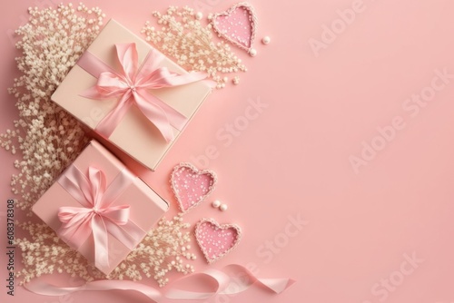 Spring gifts concept. Top view photo of pink present boxes with bows white soft scarf rattan hearts and gypsophila flowers on isolated pastel pink background with empty, Generative AI 