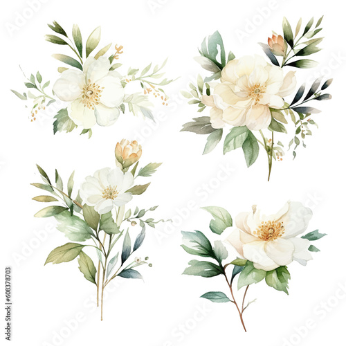 Set of white bloom floral watecolor. flowers and leaves. Floral poster, invitation floral. Vector arrangements for greeting card or invitation design © IMRON HAMSYAH