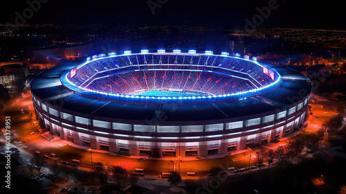 Aerial view of a modern football stadium at night with lights. Generative AI.