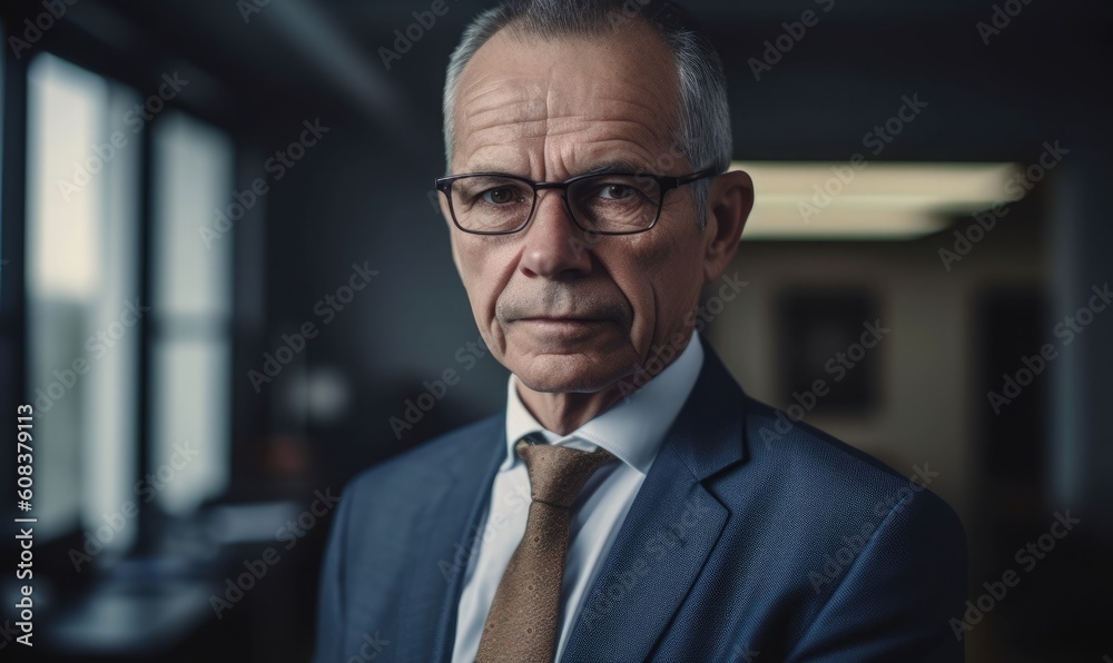 Fototapeta premium Happy corporate lawyer with white perfect teeth standing at workspace, generative AI
