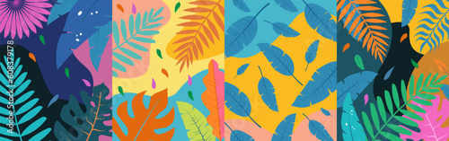 Summer time fun concept design. Creative background. Summer sale, post template. Set of exotic leaves vector banner. Abstract art nature background. Modern shape line art wallpaper. Boho foliage