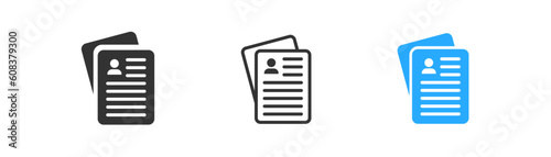Resume icon on light background. HR symbol. Business, personal information, CV, job interview. Outline, flat and colored style. Flat design. Vector illustration