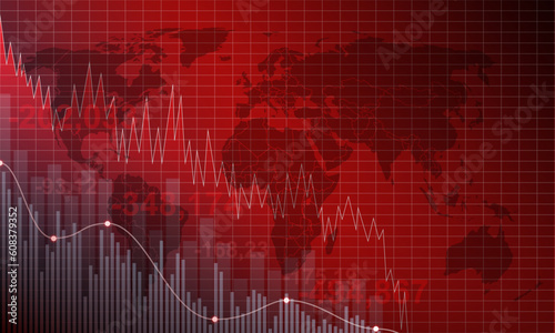 Declining World economy and business decline or economic fall and world business crisis with an international economy falling with a downward trend as a financial concept in a 3D illustration style.