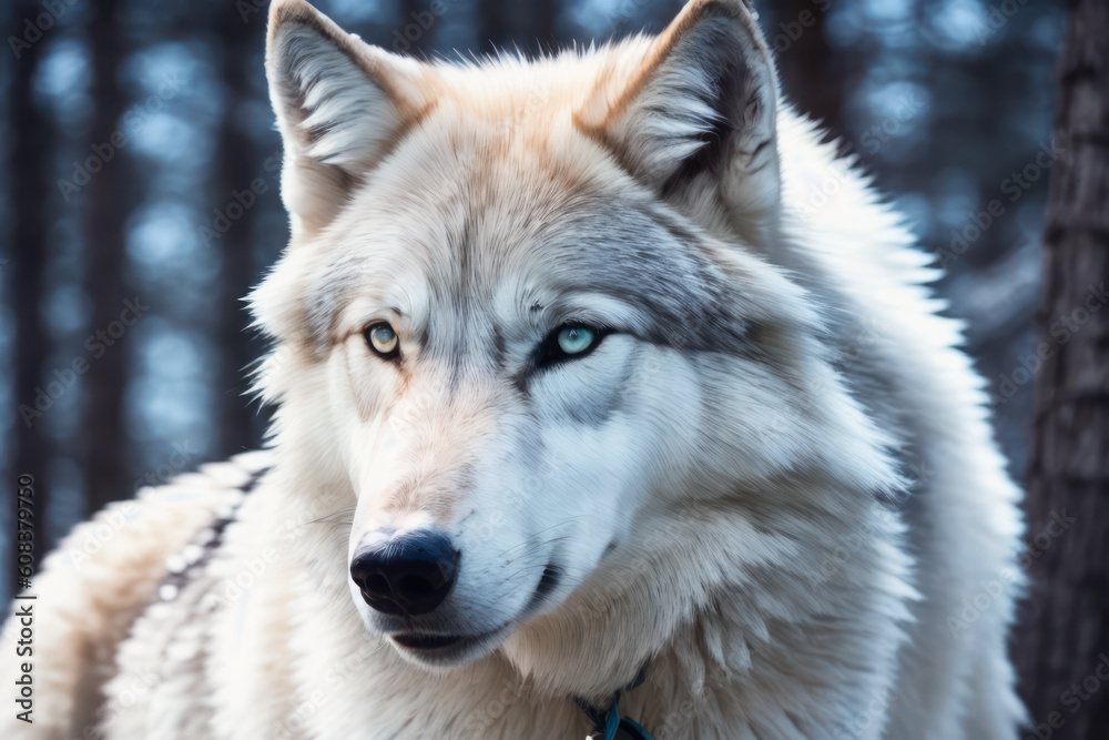Obraz premium Digital photo of The Huge white wolf in winter coniferous forest on the snowy branches of a fir tree. Wildlife imagery, the concept of ecological environment. Generative AI