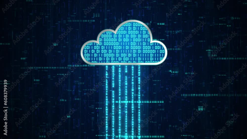 3D blue cloud system with binary code encryption, Data upload download to cloud system, Privacy security protection network encode decode online access concept