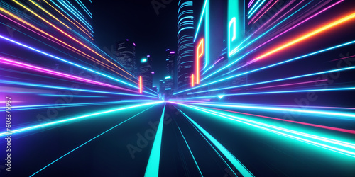 Dynamic cityscape illuminated by captivating trails of car lights, showcasing the bustling urban nightlife scene in a mesmerizing neon-lit environment. synthwave theme, Generative AI