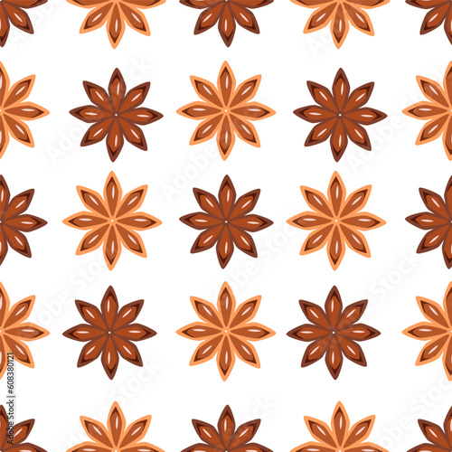 Vintage hand drawn Star Anise seamless pattern. Dried Star Aniseed or lllicium Verum, Star anise dessert spice fruit and seeds. Vector illustration. Used for Seasoning in Cooking.