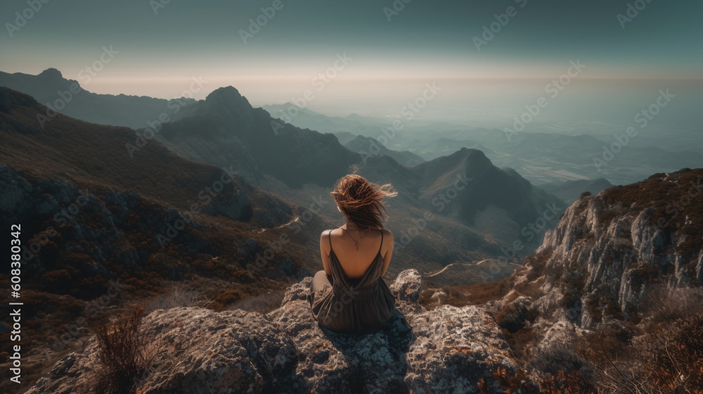 Obraz premium Woman practicing yoga and meditation on a mountain. Generative AI